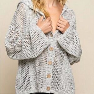 POL Hooded Open Knit Cardigan Sweater M Womens Oversized Boho Button Front Gray